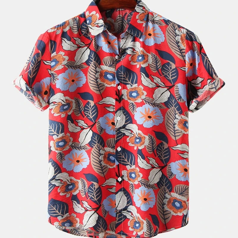 Chemise Homme Fleurie Manche Courte Rouge Plante Paradise