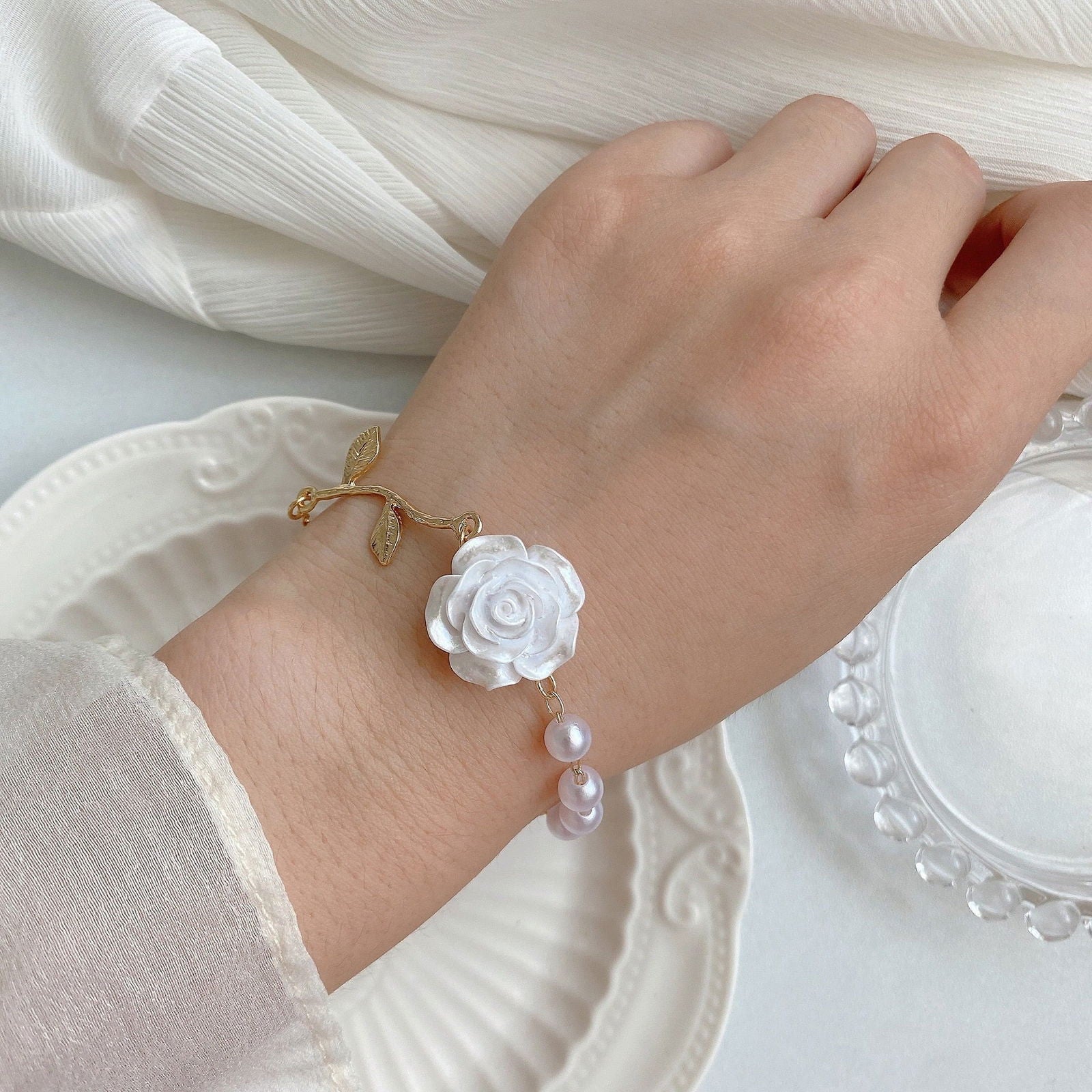 Bracelet Fleur <br> Rose Perle