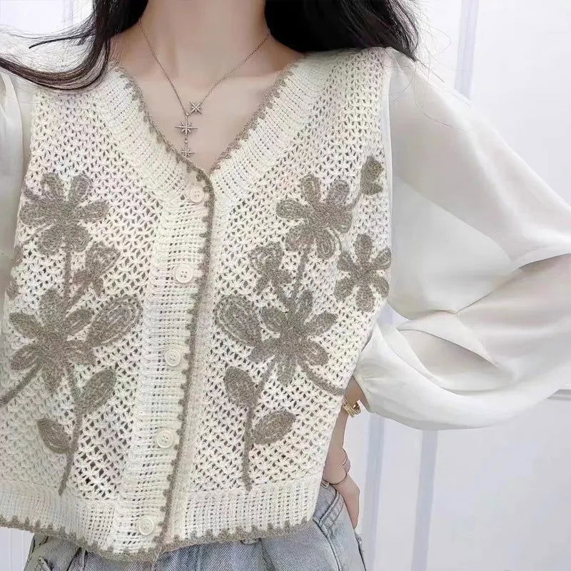 Cardigan Fleur <br> Brodé Brun-Beige