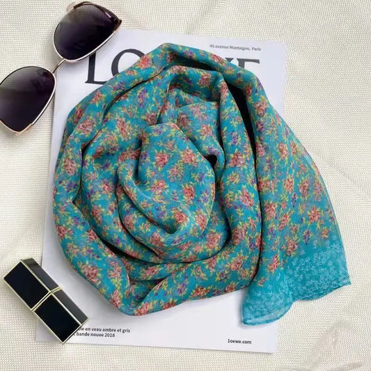 Foulard Fleuri <br> Soie Bleu Clair