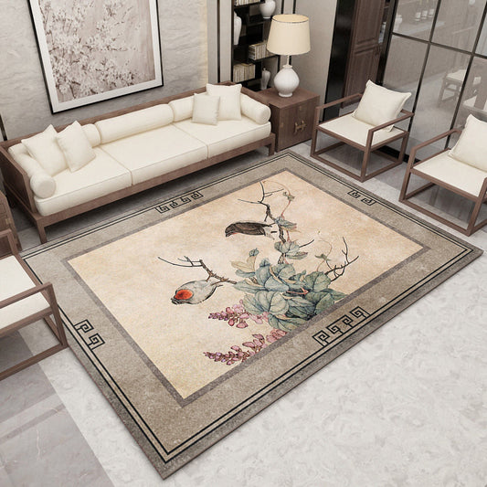 Tapis Fleur <br> Style Chinois Brun Oiseau Epuré