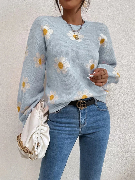 Pull Imprimé Fleuri <br> Femme Bleu Clair