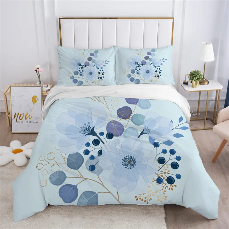 Housse De Couette Fleurie <br> Bleu Epuré