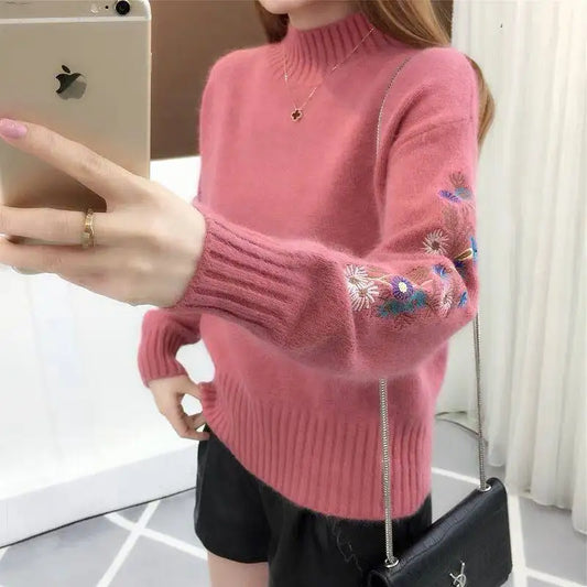 Pull Fleuri <br> Brodé Rose