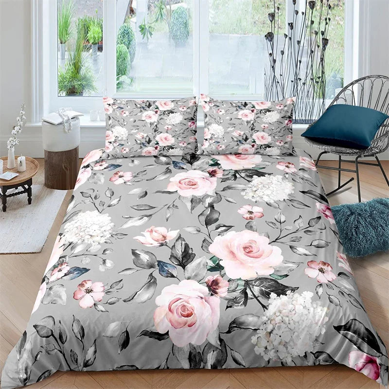 Housse De Couette Fleurie <br> Gris Rose