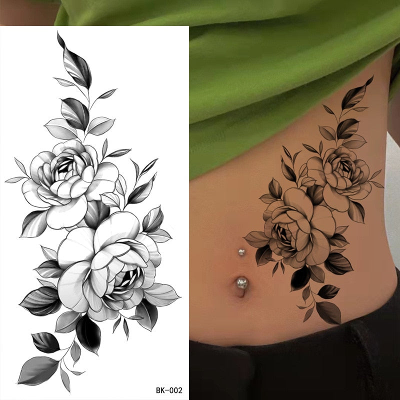 Tatouage Fleur <br> Rose Feuillu