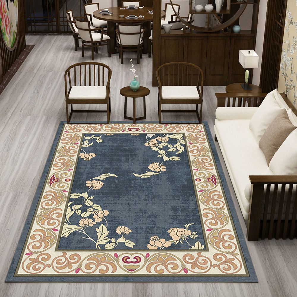 Tapis Fleur <br> Style Chinois Bleu Marine