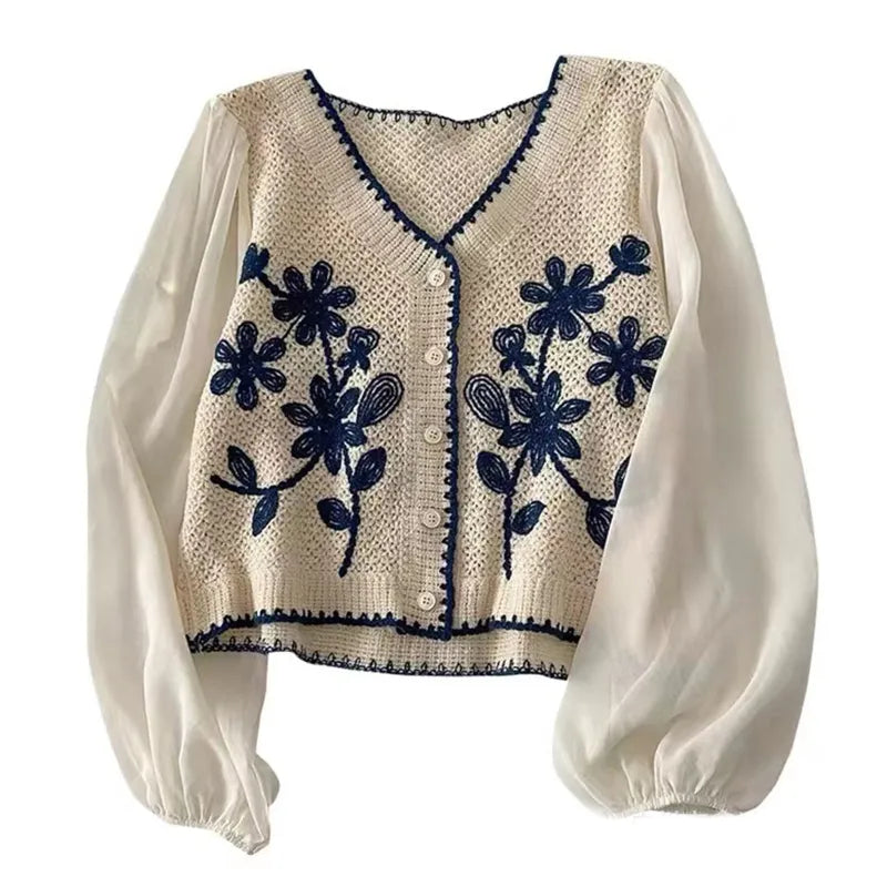 Cardigan Fleur <br> Brodé Bleu