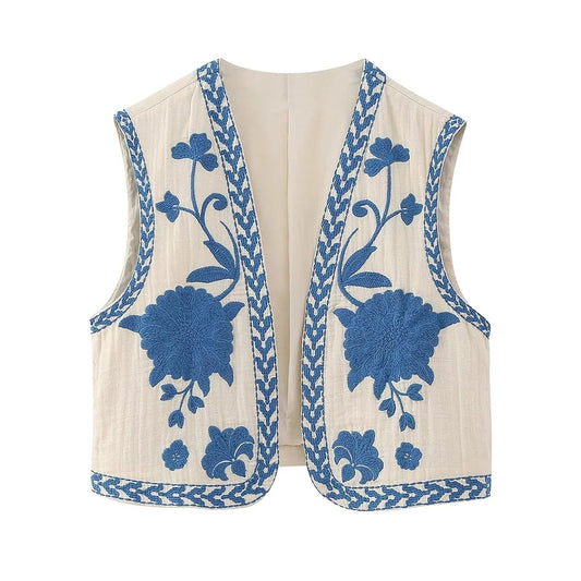 Gilet Fleuri Femme <br> Vintage Bleu-Blanc