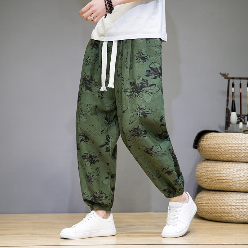 Pantalon Lin Homme <br> Chinois Fleur Vert