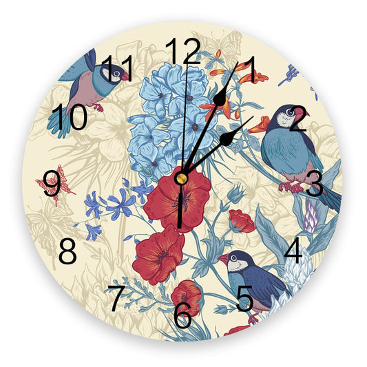 Horloge Fleurie <br> Oiseaux Bleus