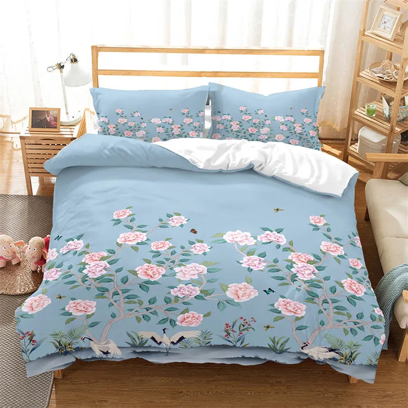 Housse De Couette Fleurie <br> Bleu Clair