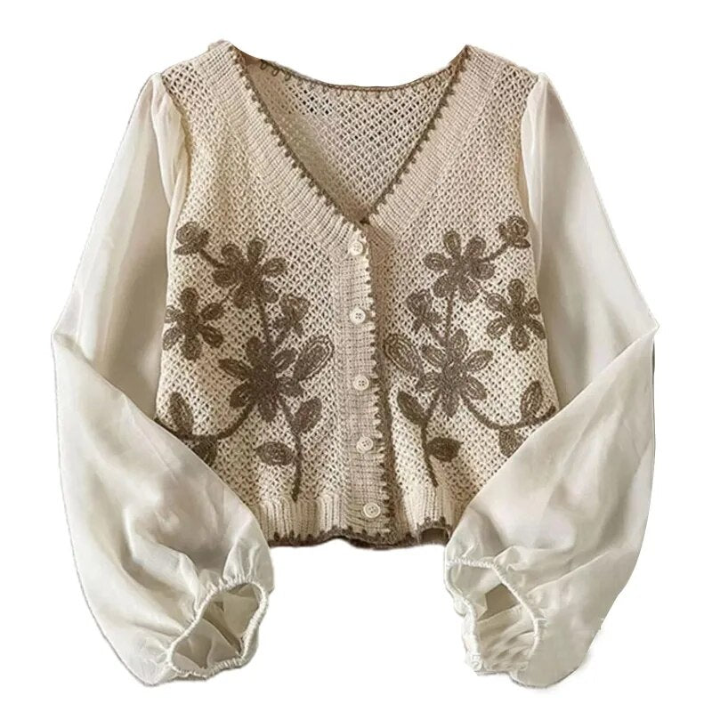 Cardigan Fleur <br> Brodé Brun-Beige