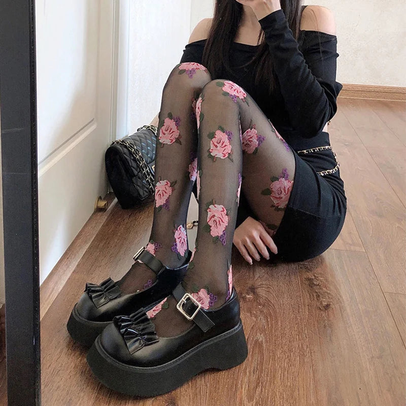 Collant Noir Fleur Rose