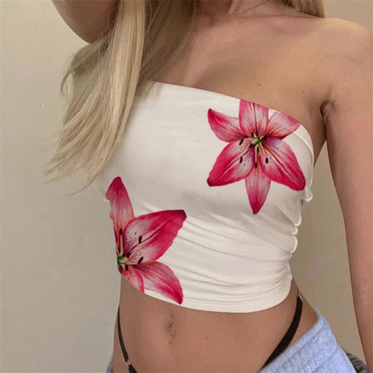 Crop Top Fleuri sans Manche