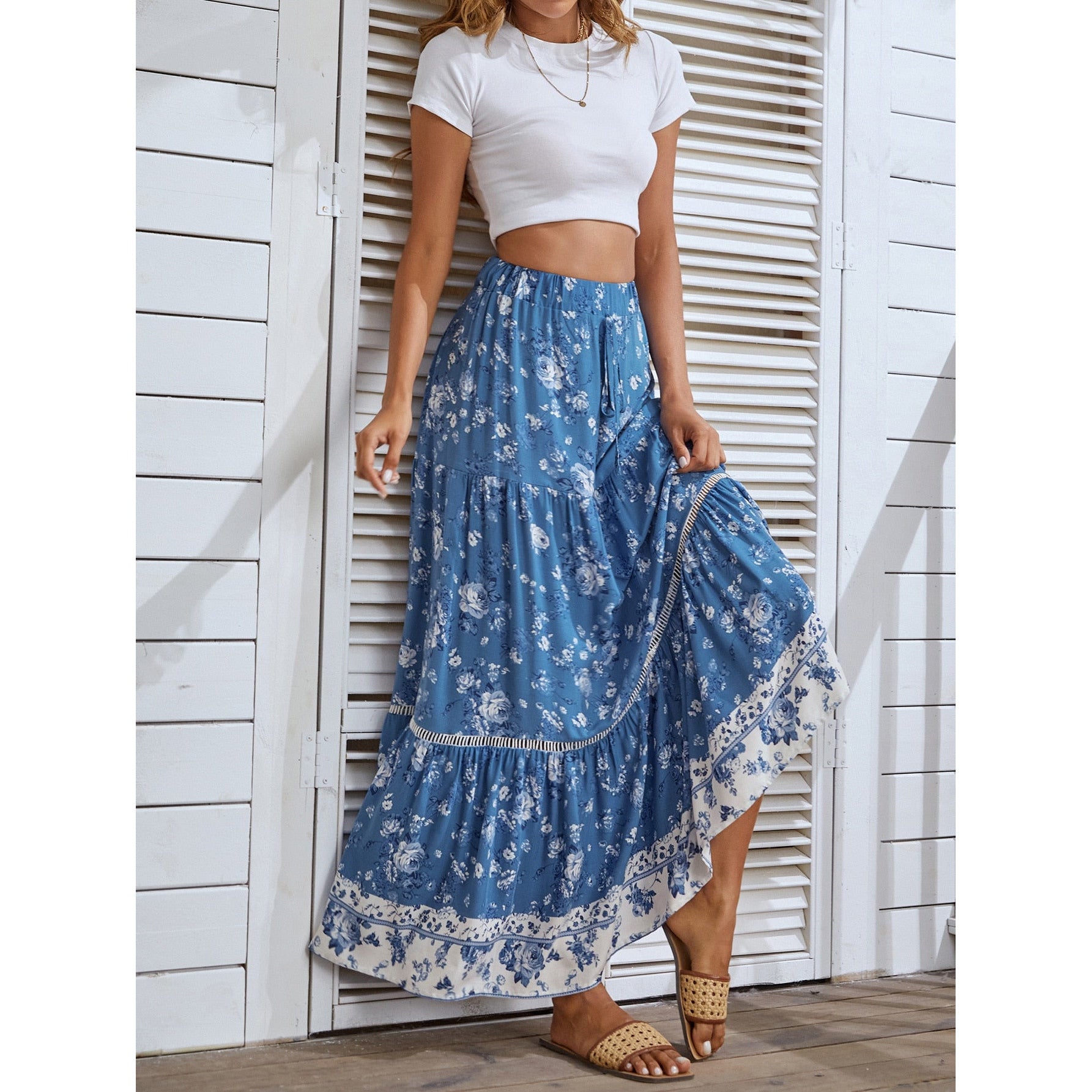 Long Floral Skirt<br> Blue Vintage Bohemian