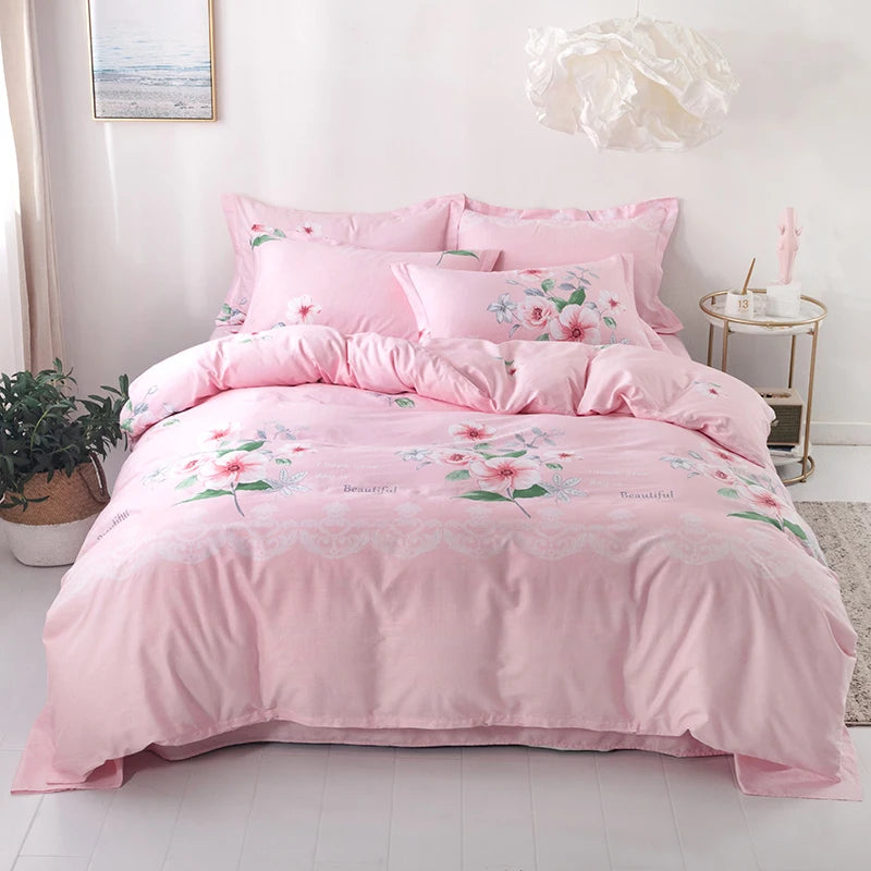 Housse de Couette à Fleurs sur Fond Rose Poudré