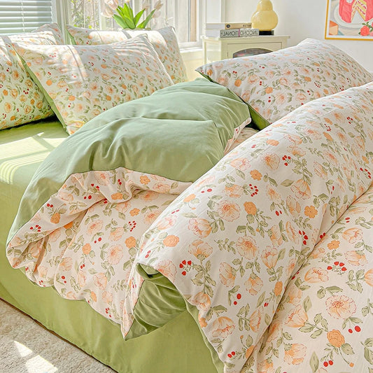Housse de Couette Fleurie en Coton Vert Pastel