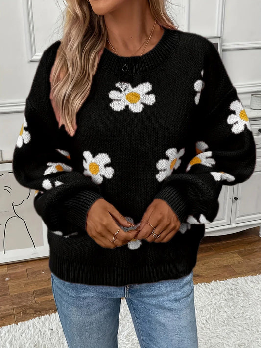 Pull Imprimé Fleuri <br> Femme Noir