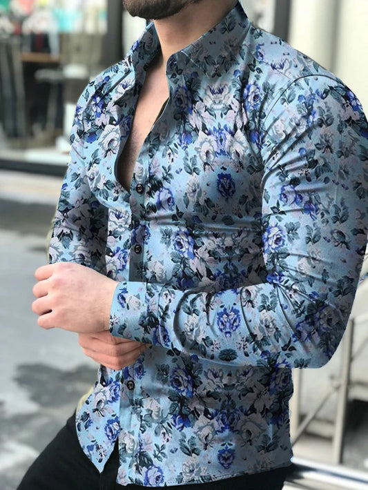 Chemise A Fleur Homme <br> Longue Bleu Clair