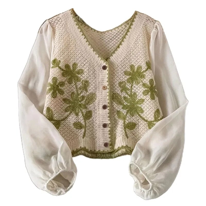 Cardigan Fleur <br> Brodé Vert