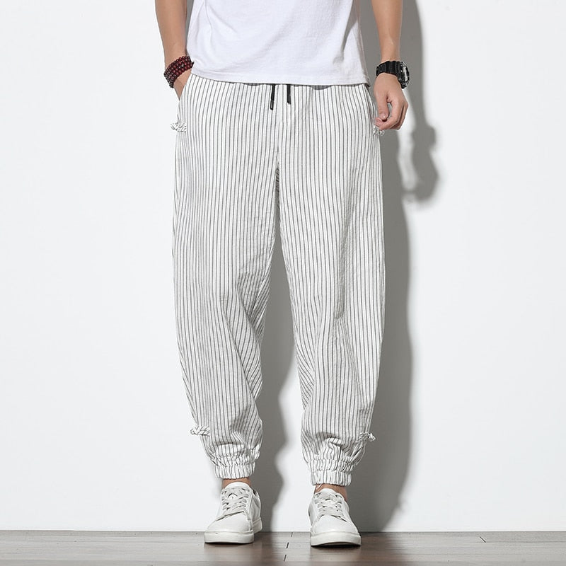 Pantalon Lin Homme <br> Rayure Blanc