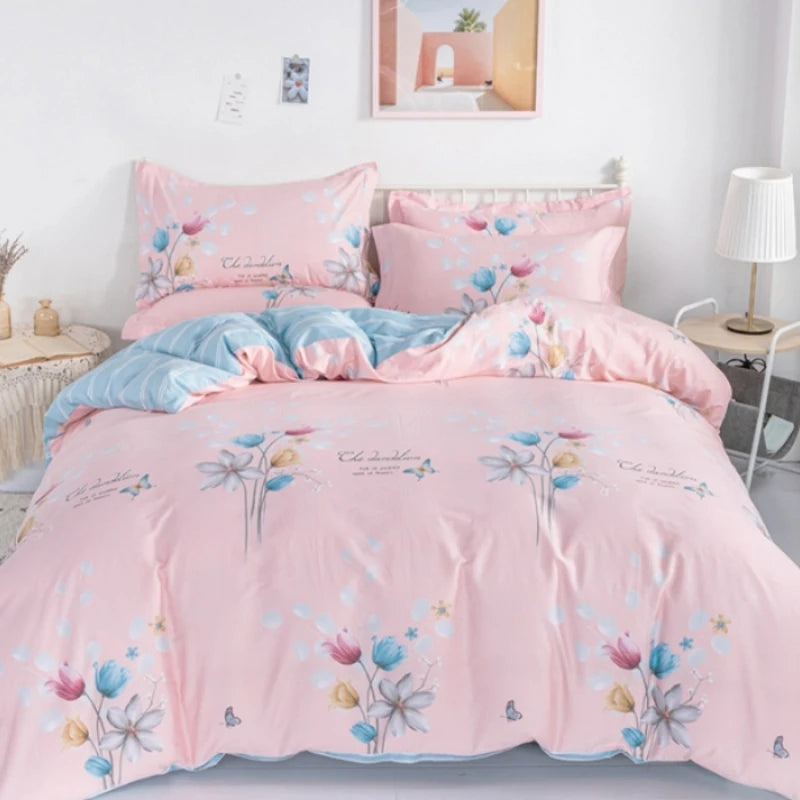 Housse de Couette à Fleurs sur Fond Rose Poudré