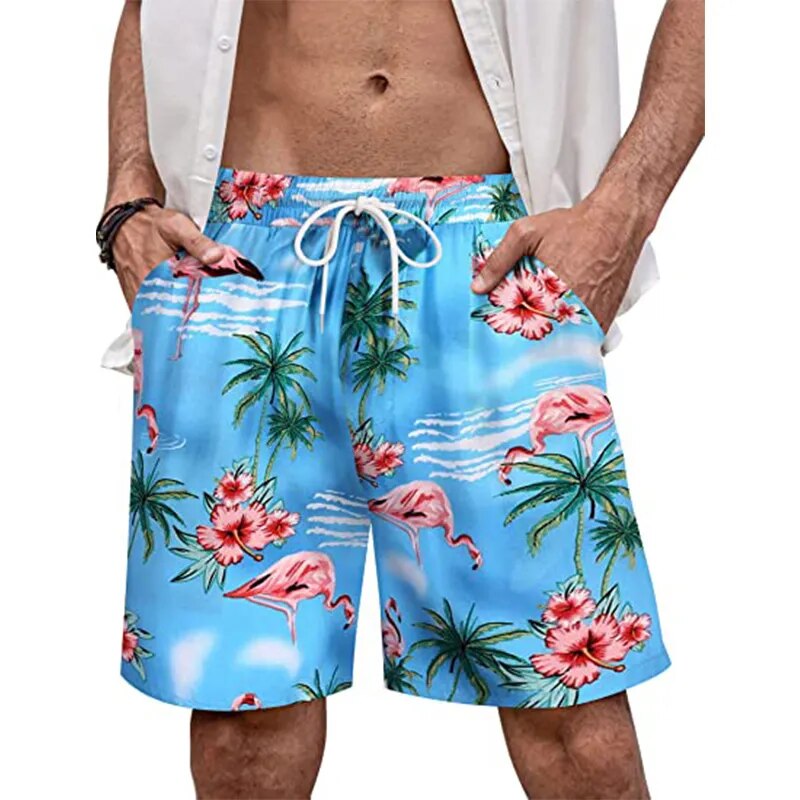 Short De Bain A Fleur <br> Bleu Flamant