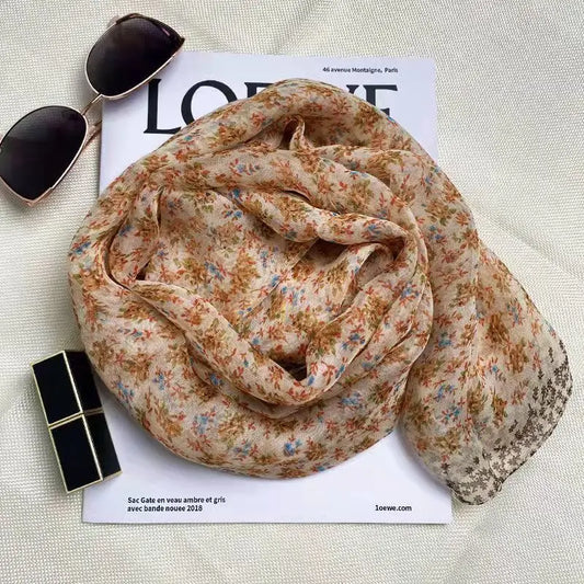 Foulard Fleuri <br> Soie Beige