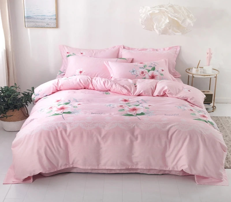Housse de Couette à Fleurs sur Fond Rose Poudré