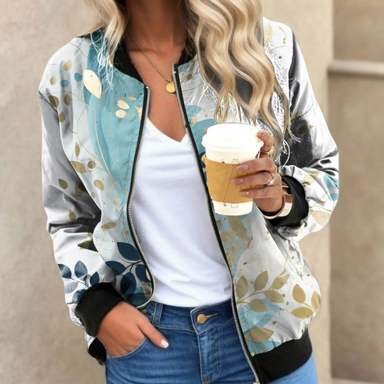 Veste Bomber <br> Fleuri Bleu Ciel