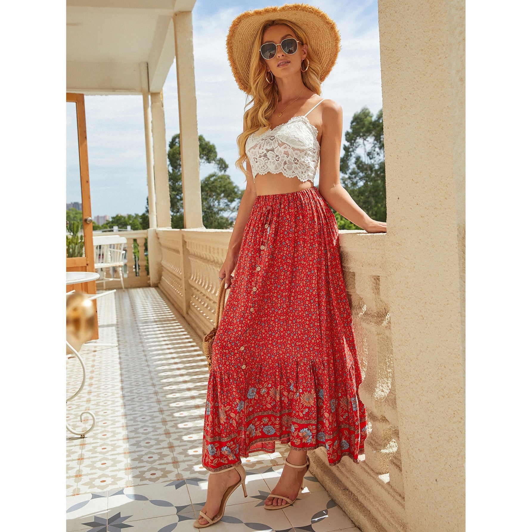 Long Floral Skirt<br> Bohemian Vintage Red 