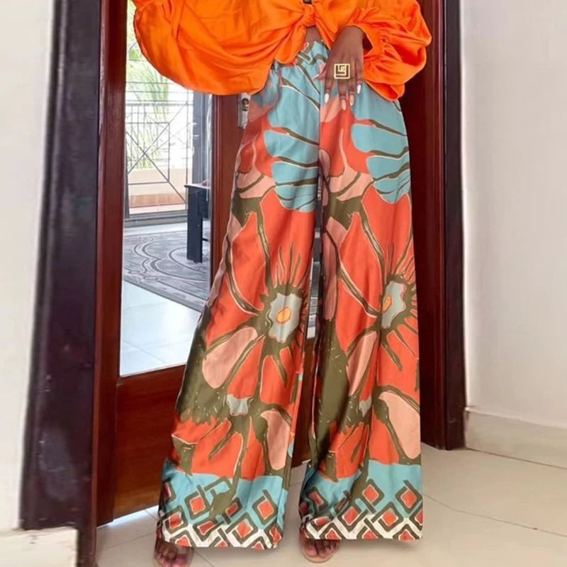 Pantalon Large Fleuri <br> Femme Orange