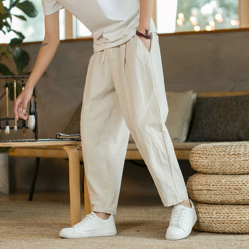 Pantalones rectos de lino para hombre color beige