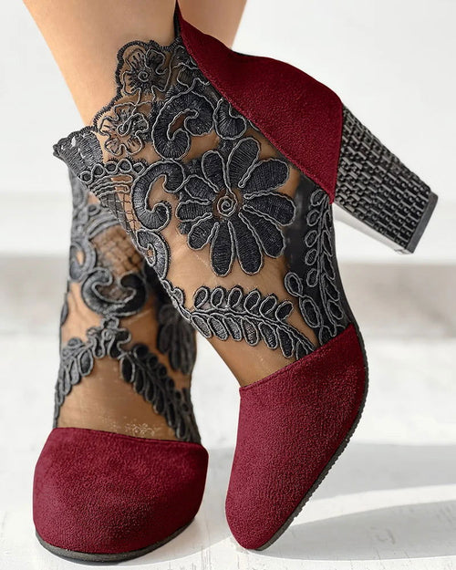 Flowered Ankle Boot  Vintage Red