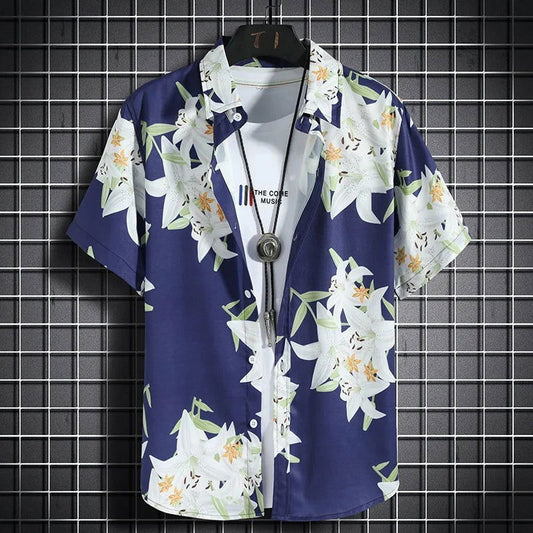 Chemise Fleurie Homme Manche Courte Bleu - Plante Paradise