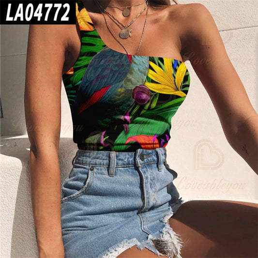 Womens One Shoulder Sleeveless Plants and Flowers 3d Print Sports Vest Tank Crop Top Ladies Summer Top Tops Bottoming Clothes